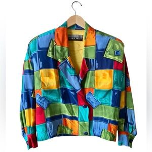 Linda Allard Ellen Tracy Womens Vtg Silk Geometric Colorblock Artsy Jacket Sz 10